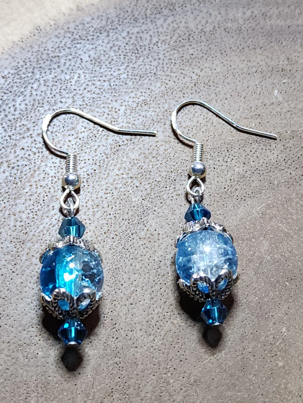 Hand Crafted Dangle Earrings With Crackled Blue & Clear Beads - Picture 7 of 9